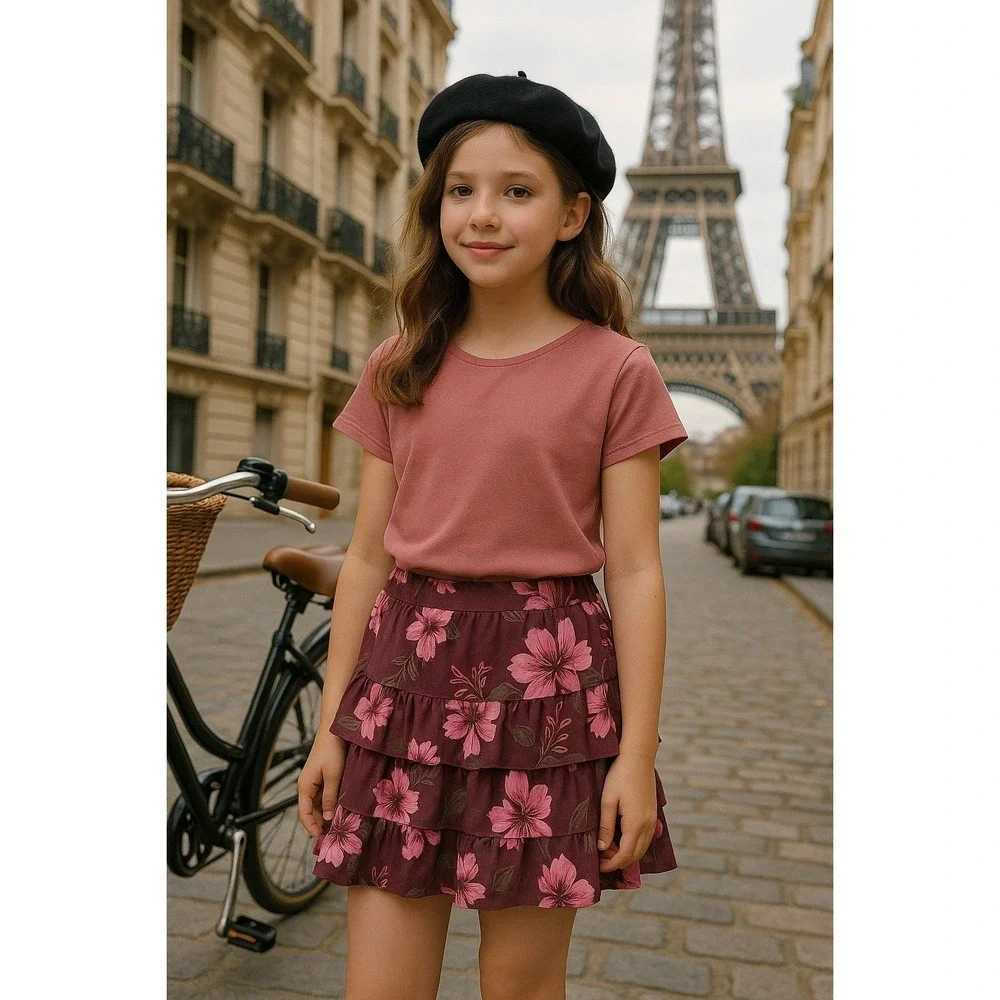 Justice Girls Floral Tiered Ruffle Skirt‎ Size 12 Burgundy Pink Flowers